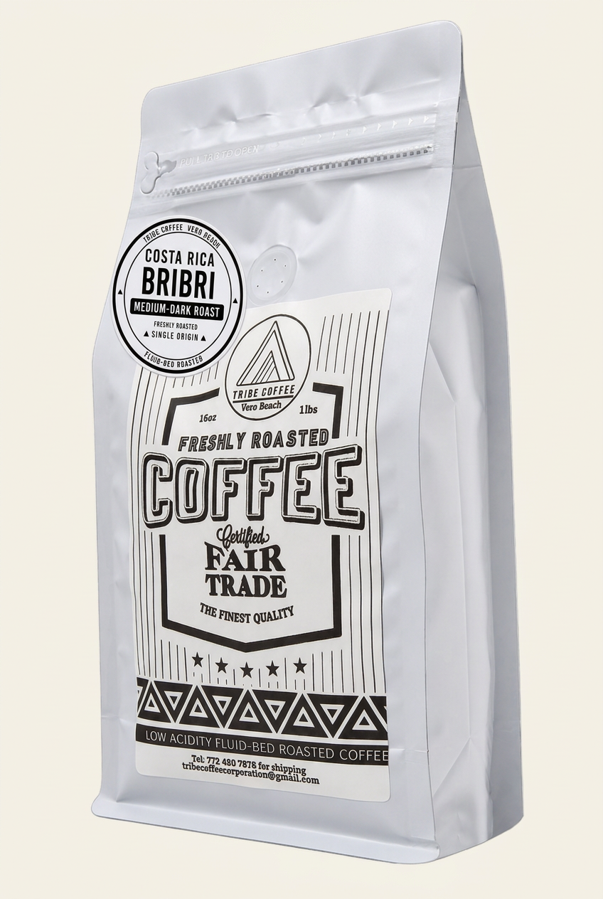 Costa Rica BriBri Medium-Dark roast coffee mockup in a white Tribe Coffee bag with a green-accented label, 16 oz (1 lb)