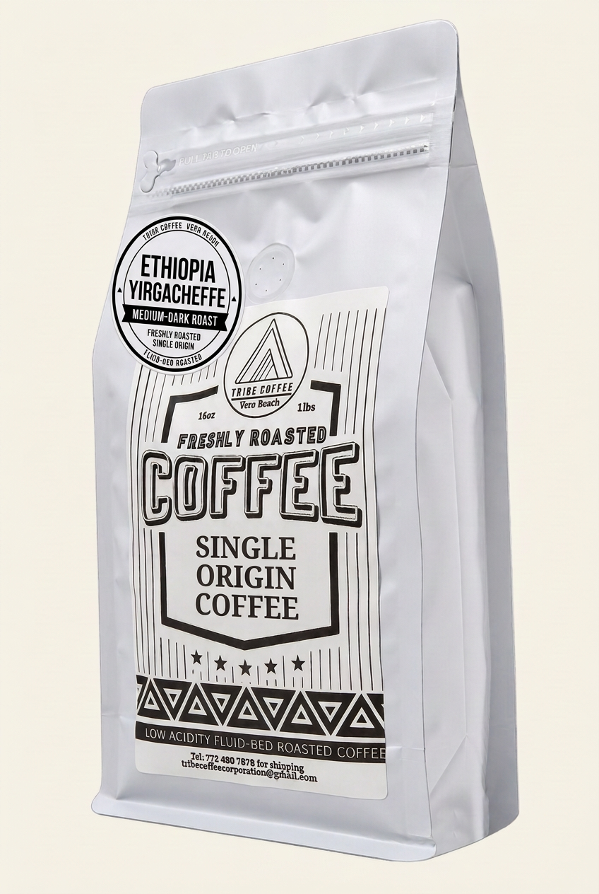 Ethiopia Yirgacheffe Medium-Dark roast coffee bag mockup, white Tribe Coffee bag, 16 oz (1 lb)