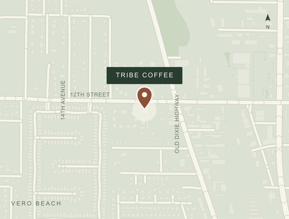 Street map of Vero Beach with a pin for Tribe Coffee near 12th Street and 11th Avenue