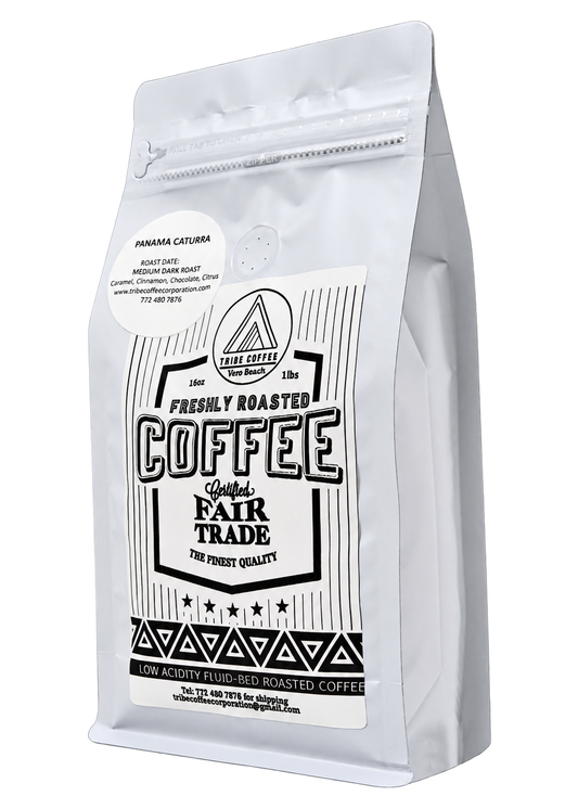 Tribe Coffee white bag with its existing Panama Caturra label